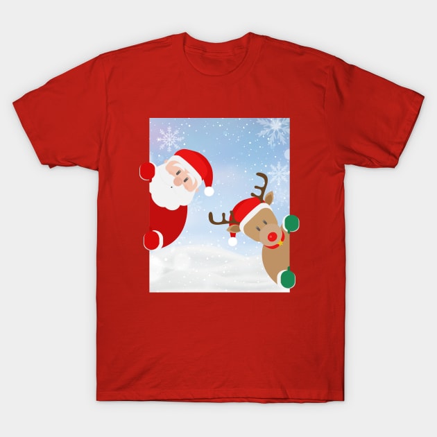 Curious Santa and Rudolf T-Shirt by GalaxyArt